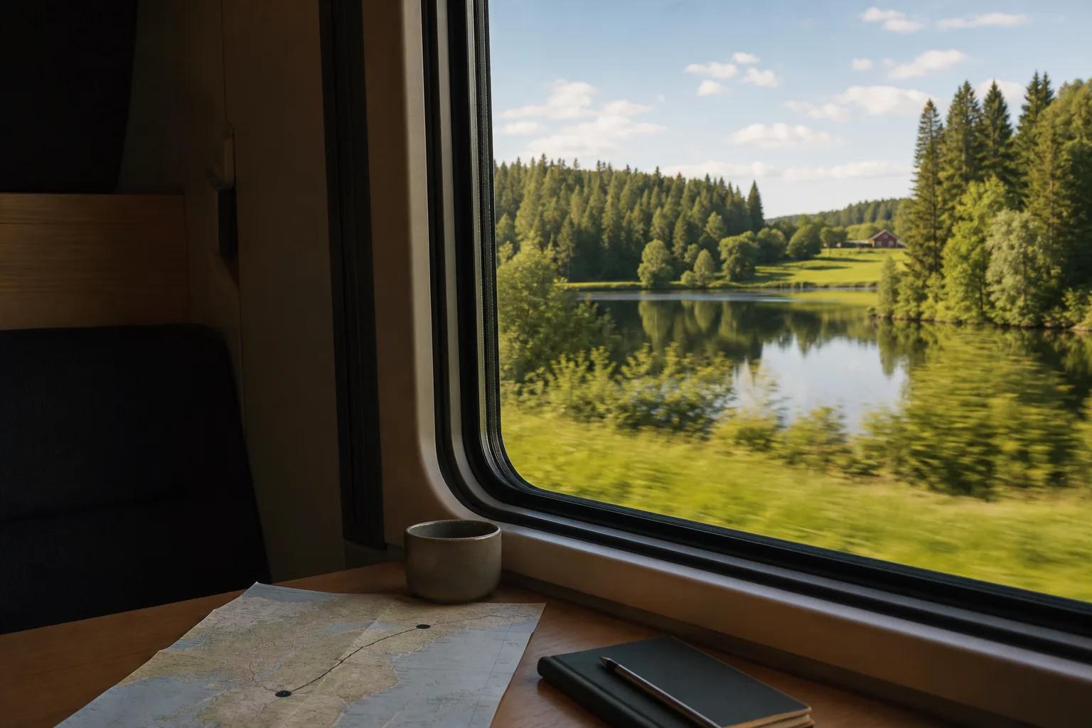 Utsikt från ett tåg genom svenskt sommarlandskap under resan mellan Stockholm och Göteborg
